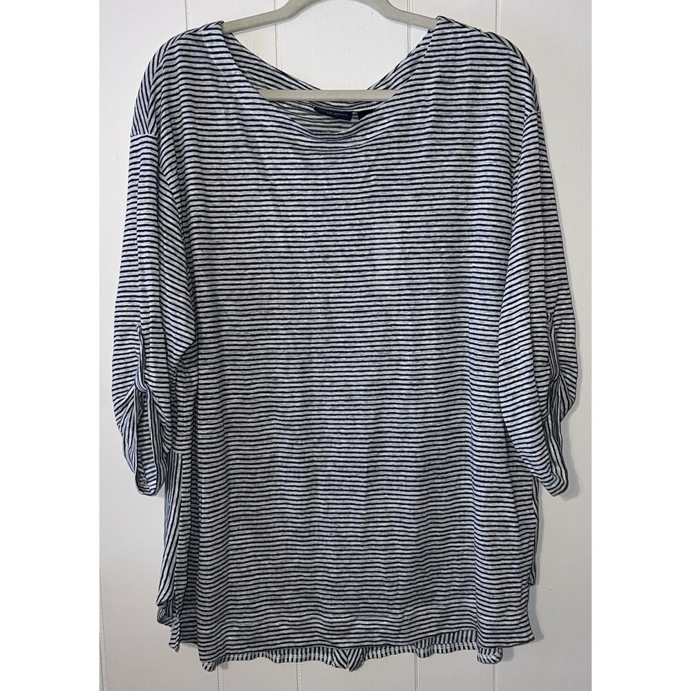 Adrienne Vittadini Linen Blouse Size 2X Black and Grey Stripes Half Sleeves